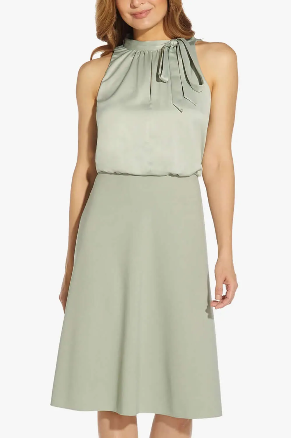 Adrianna Papell Tie halter Neck Keyhole Front Sleeveless Blouson Satin Crepe Dress
