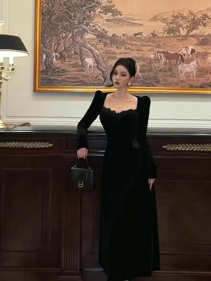 Vintage Balck Long Sleeve Dress Woman Elegant Fashion Velvet Prom Dresses     fg7012